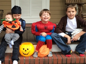 Halloween 2014--Jose, Frack (some kind of Spiderman), Frog (another kind of Spiderman) and Frick--Jedi.